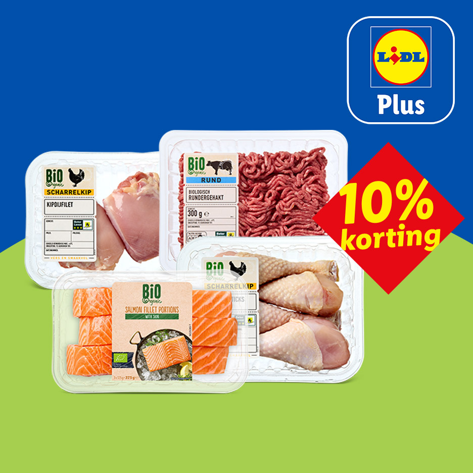Biologische kip, rundergehakt en zalmfilet met 10% korting voor Lidl Plus leden.