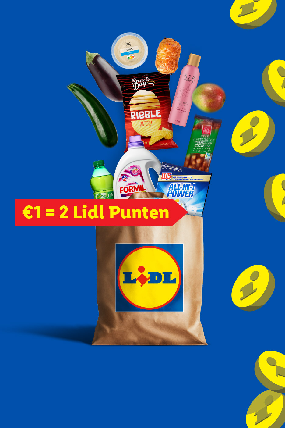 Een papieren tas van de supermarkt met boodschappen zoals groenten, chips, wasmiddel en douchegel, met de tekst '€1 = 2 Lidl Punten'.