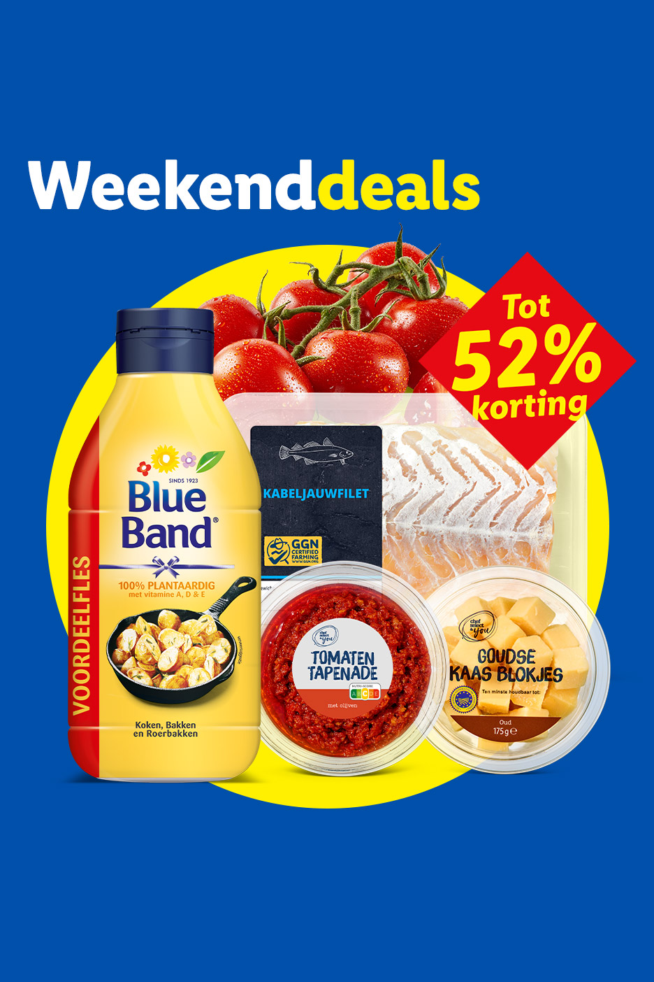 Weekenddeals met tot 52% korting op margarine, kabeljauwfilet, tomatentapenade, Goudse kaasblokjes en tomaten.