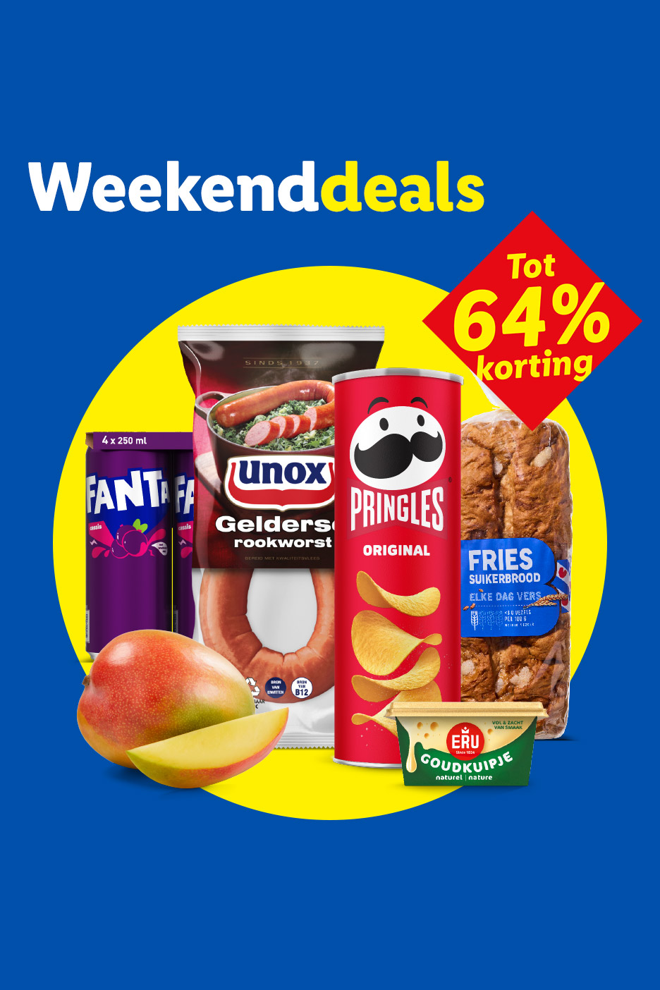 Weekenddeals met diverse boodschappen en tot 64% korting op een blauwe achtergrond.