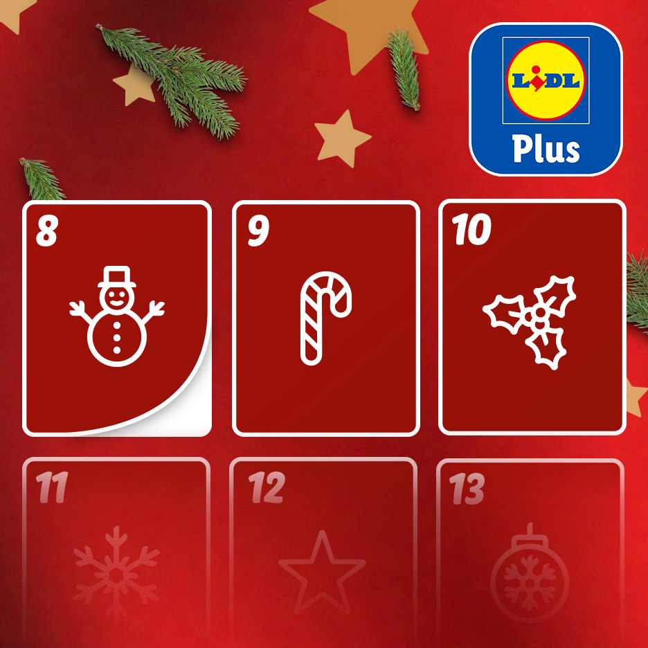 Lidl Plus adventskalender met vakjes 8, 9 en 10 open, met een sneeuwpop, zuurstok en hulst.