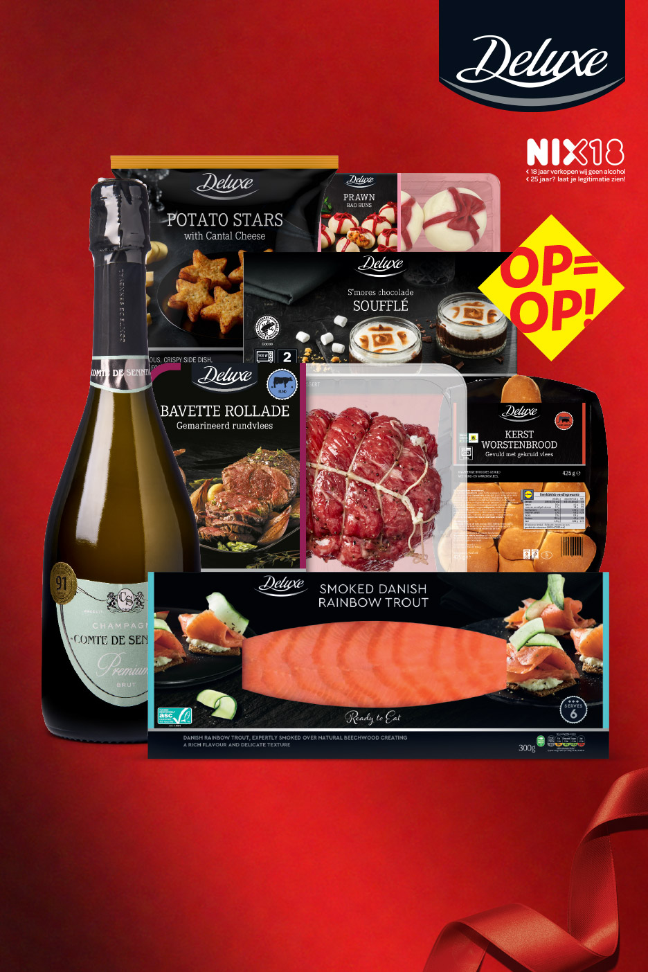 Een assortiment Deluxe producten, waaronder champagne, vlees, vis, aardappelsterren en desserts.