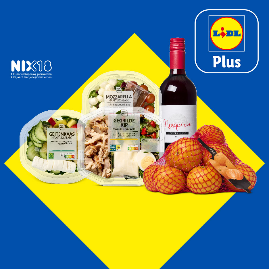 Lidl Plus aanbieding met maaltijdsalades, rode wijn en mandarijnen, met NIX18-logo.