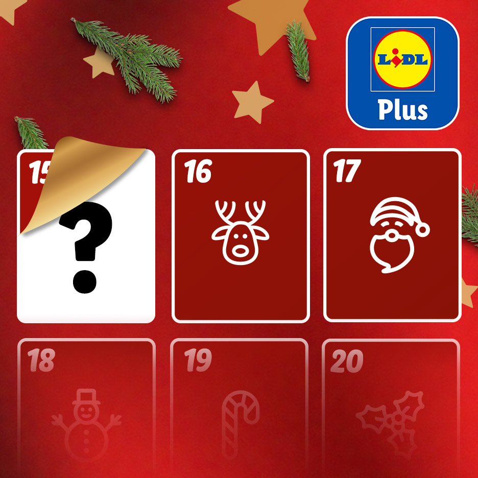 Lidl Plus kerstkalender met vakjes 15 t/m 20, inclusief rendier, kerstman en sneeuwpop.