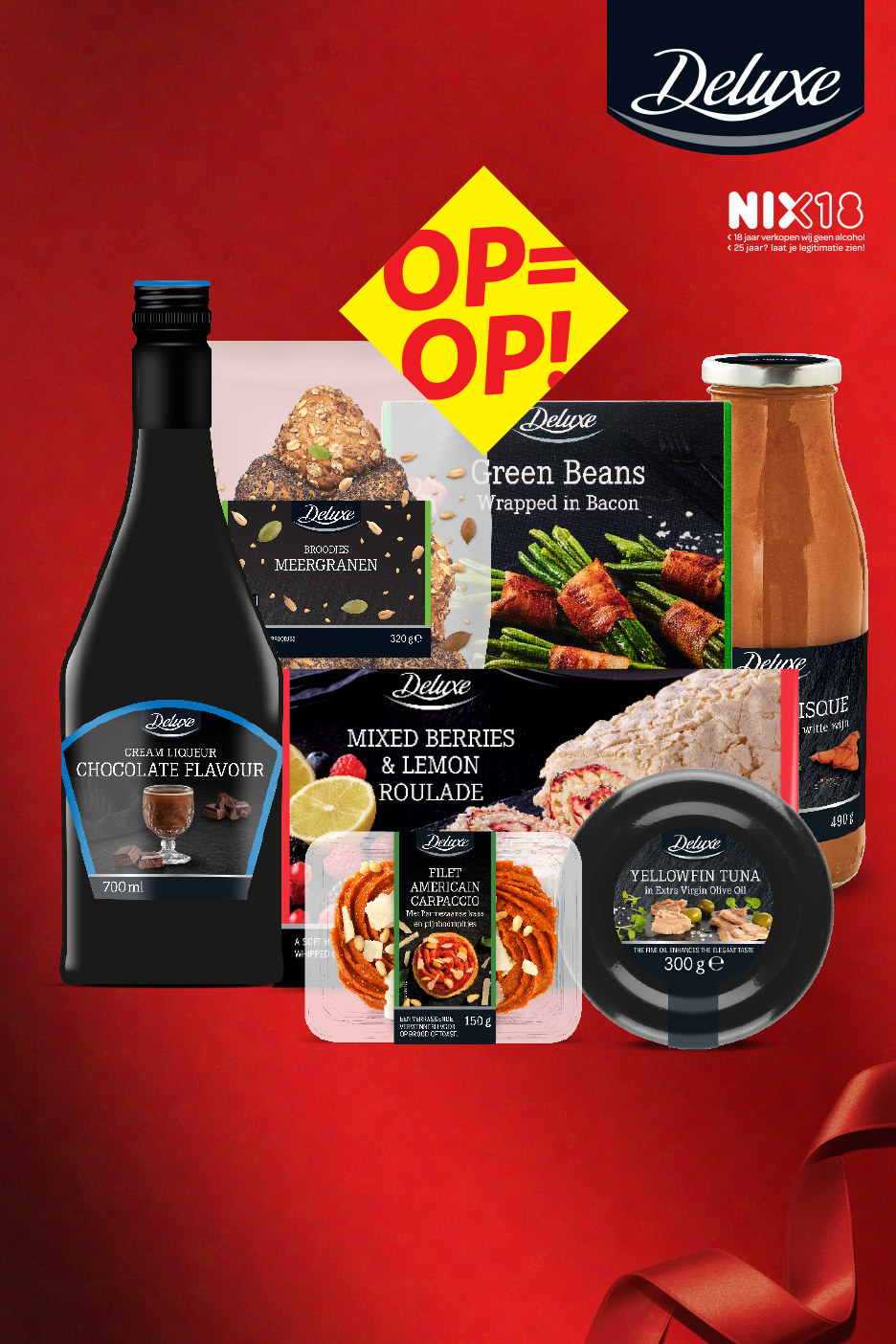 Een assortiment Deluxe-producten, waaronder chocoladelikeur, tonijn, carpaccio en diepvriesmaaltijden.