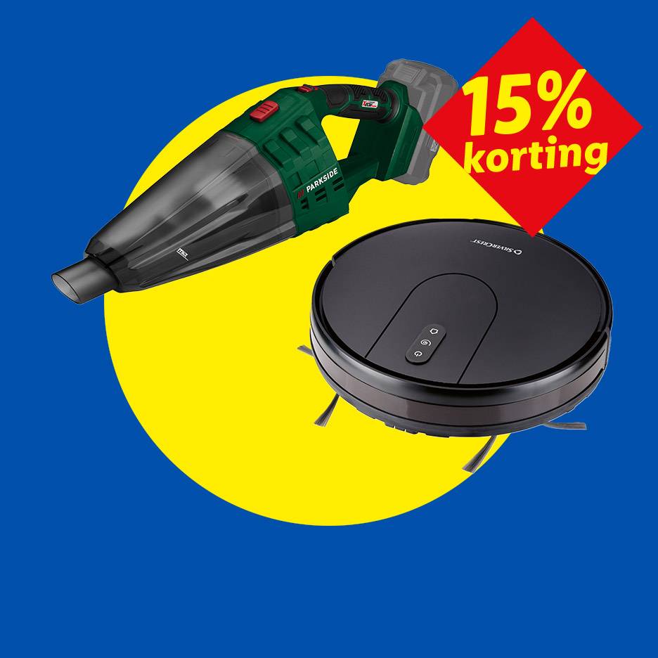 Parkside kruimeldief en Silvercrest robotstofzuiger met 15% korting op een gele cirkel.