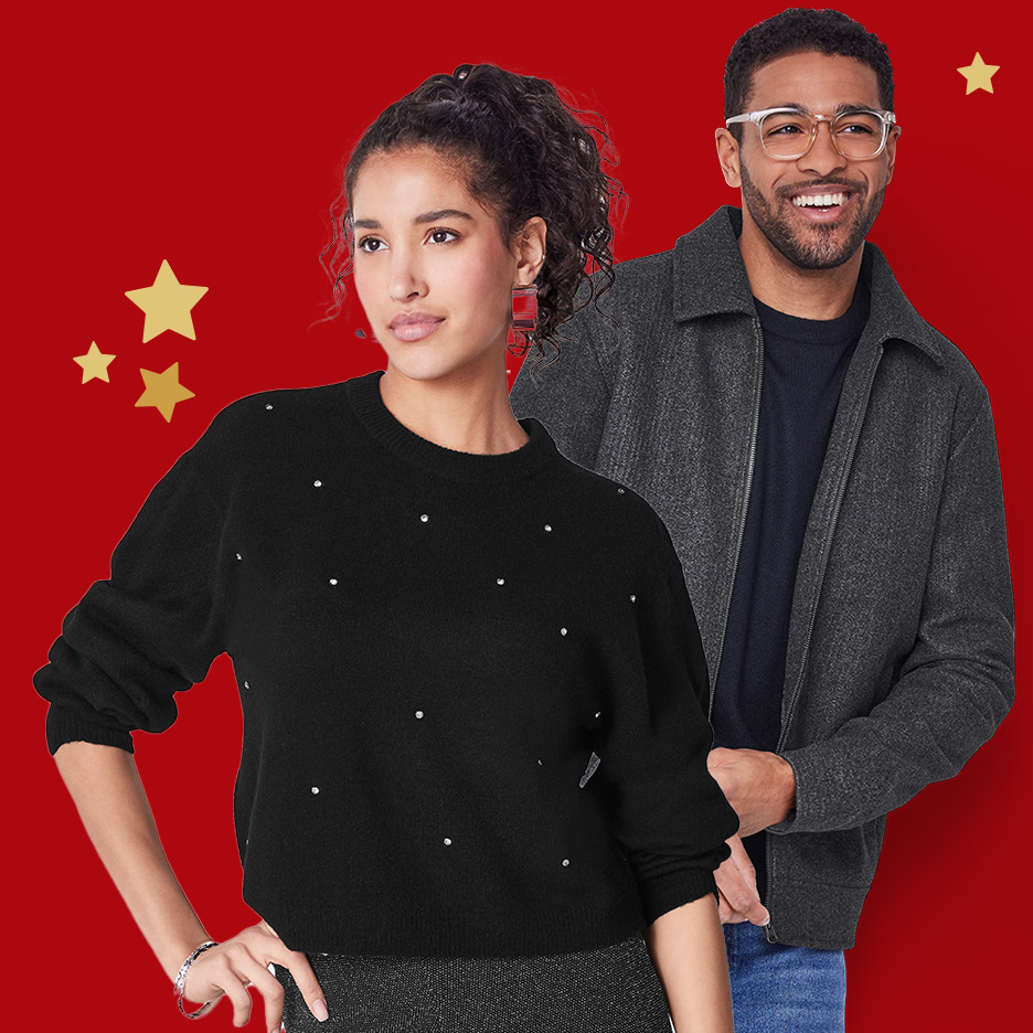 Vrouw in zwarte trui met steentjes en man in grijs jasje, feestelijke achtergrond met sterren.