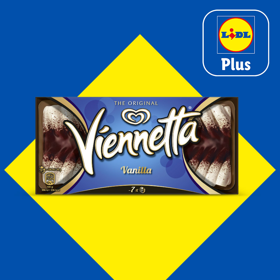 Viennetta vanille-ijs op een blauw-gele achtergrond met het Lidl Plus-logo.