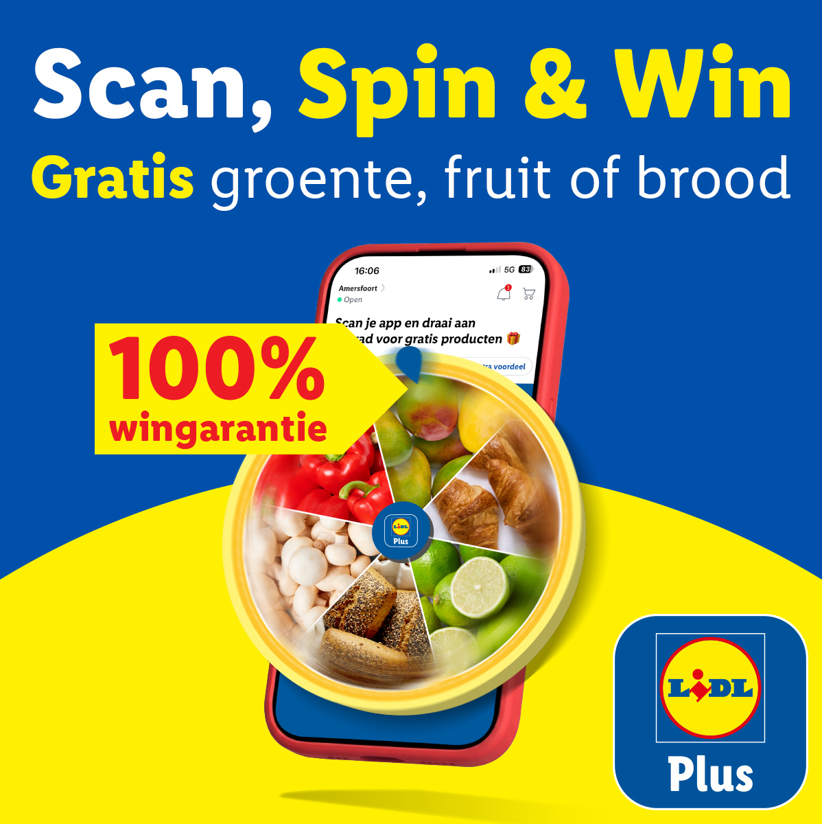 Lidl Plus banner met de tekst 'Scan, Spin & Win. Gratis groente, fruit of brood' en een afbeelding van een smartphone met een prijzenrad met 100% wingarantie.
