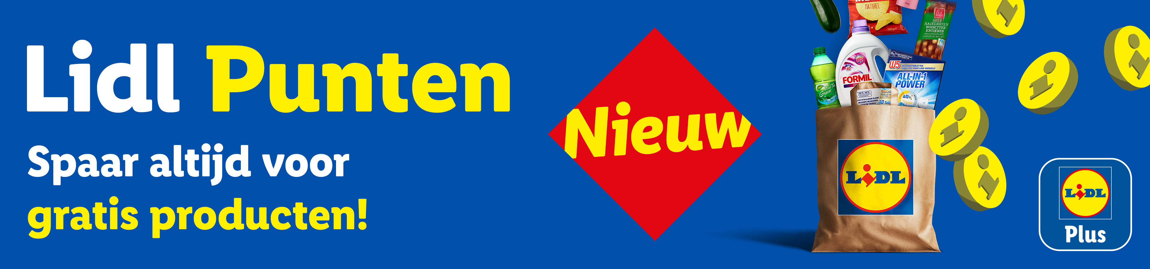 Lidl Punten: Spaar altijd voor gratis producten! Een boodschappentas vol diverse producten.