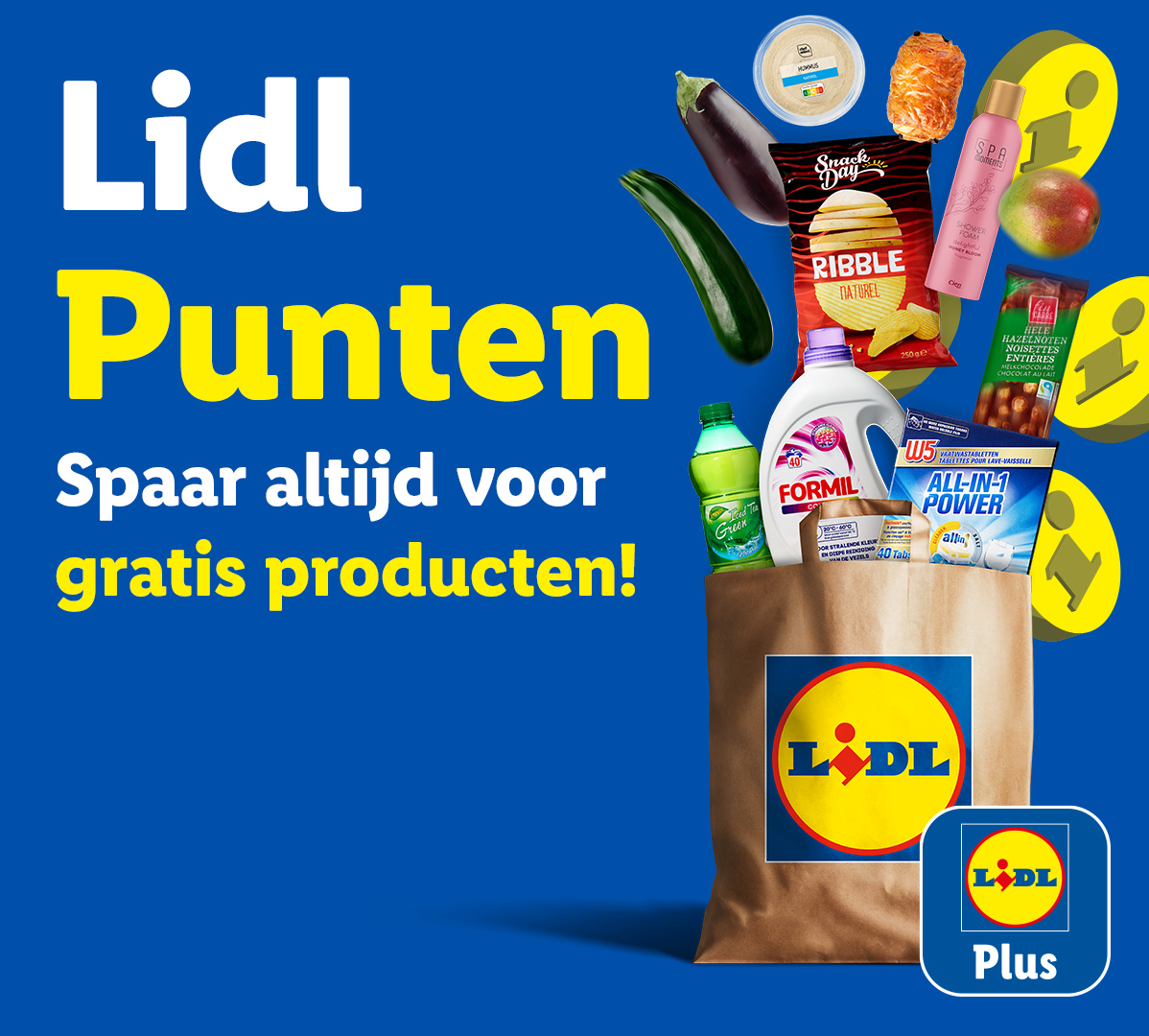Lidl Punten: Spaar altijd voor gratis producten! Een boodschappentas vol diverse producten.