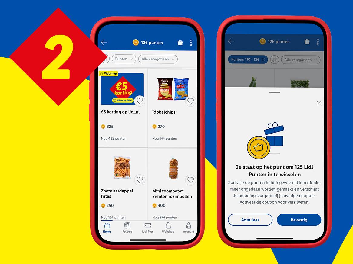 Twee smartphones tonen de Lidl Plus app met aanbiedingen voor chips, friet en rozijnenbollen, en een pop-up om punten in te wisselen.