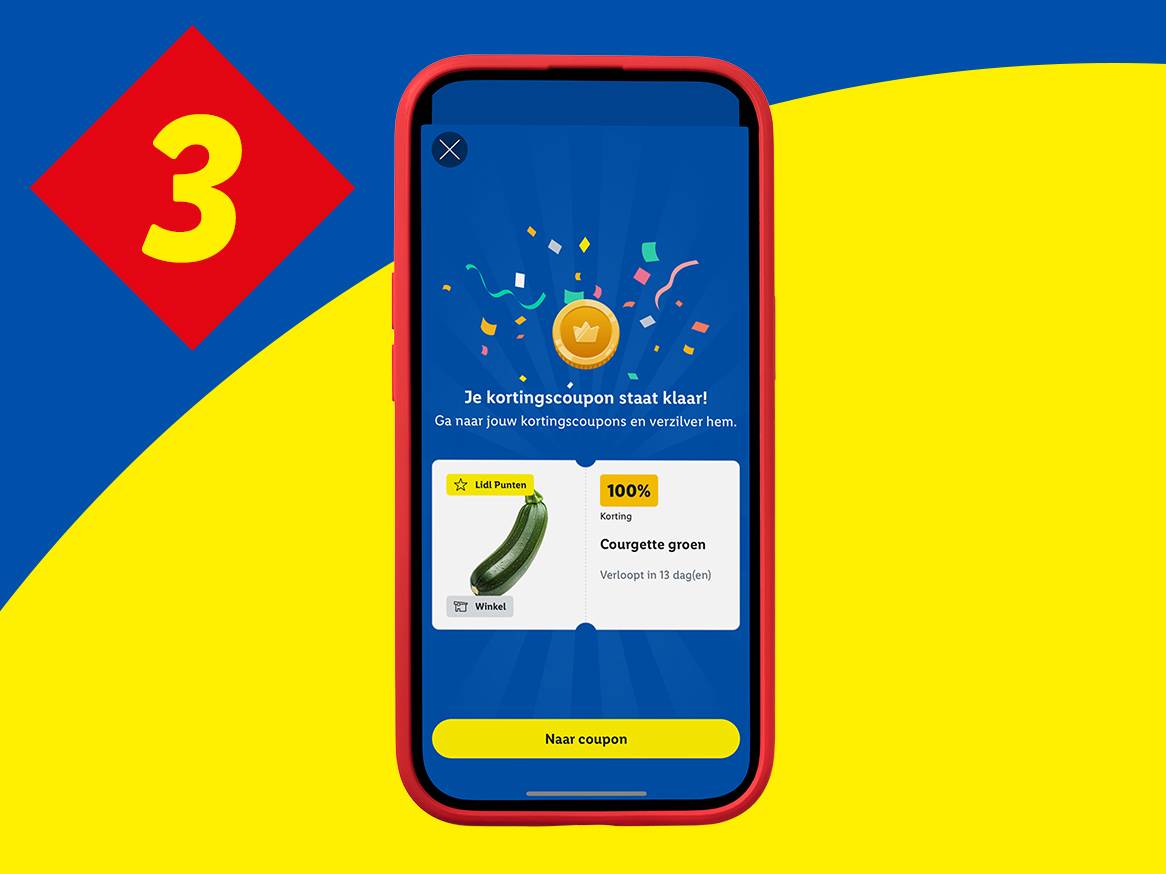 Een smartphone toont een 100% kortingscoupon voor courgette, met confetti en een gouden munt.