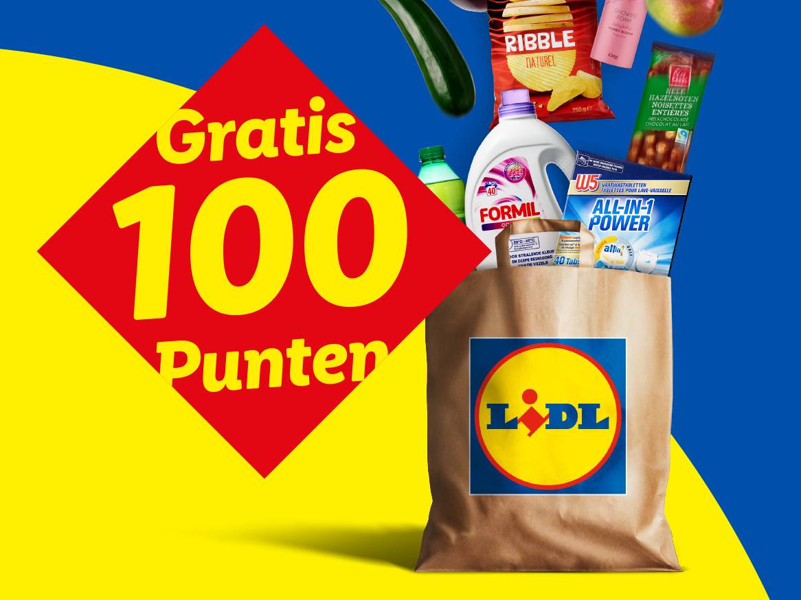Boodschappentas met wasmiddel, vaatwastabletten, chips en chocolade, met de tekst 'Gratis 100 Punten'.
