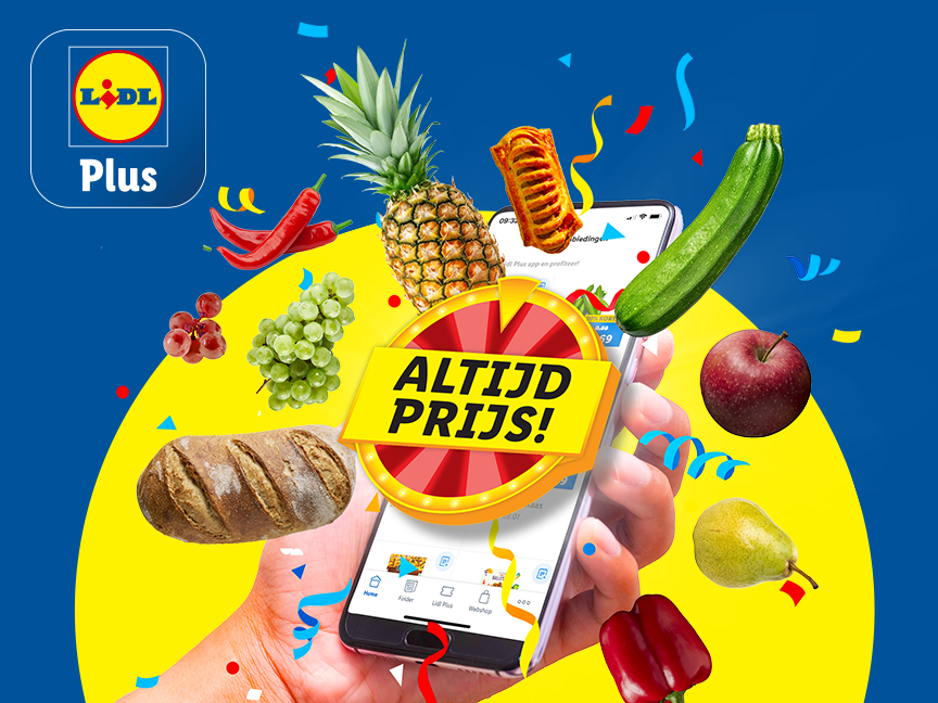Lidl Plus app met een prijzenrad en diverse verse producten zoals ananas, druiven, brood en paprika.