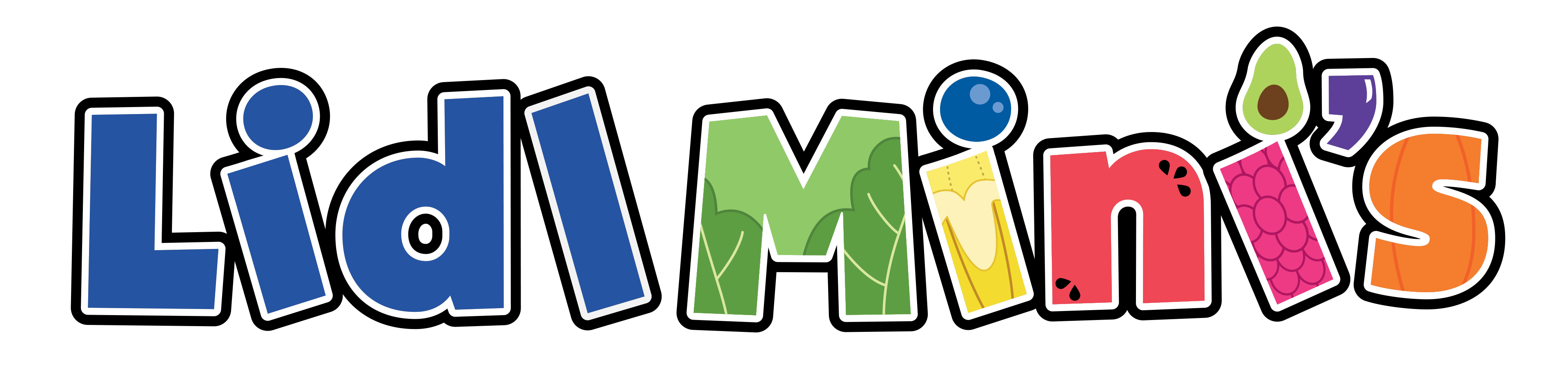 Lidl Mini's logo met letters in de vorm van fruit en groenten.