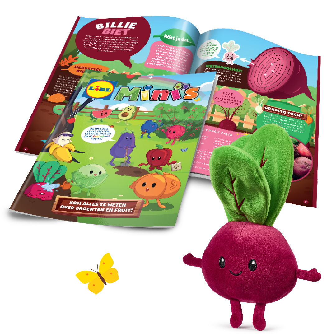 Een knuffel van een biet en twee open kinderboeken met groenten en fruit als thema.