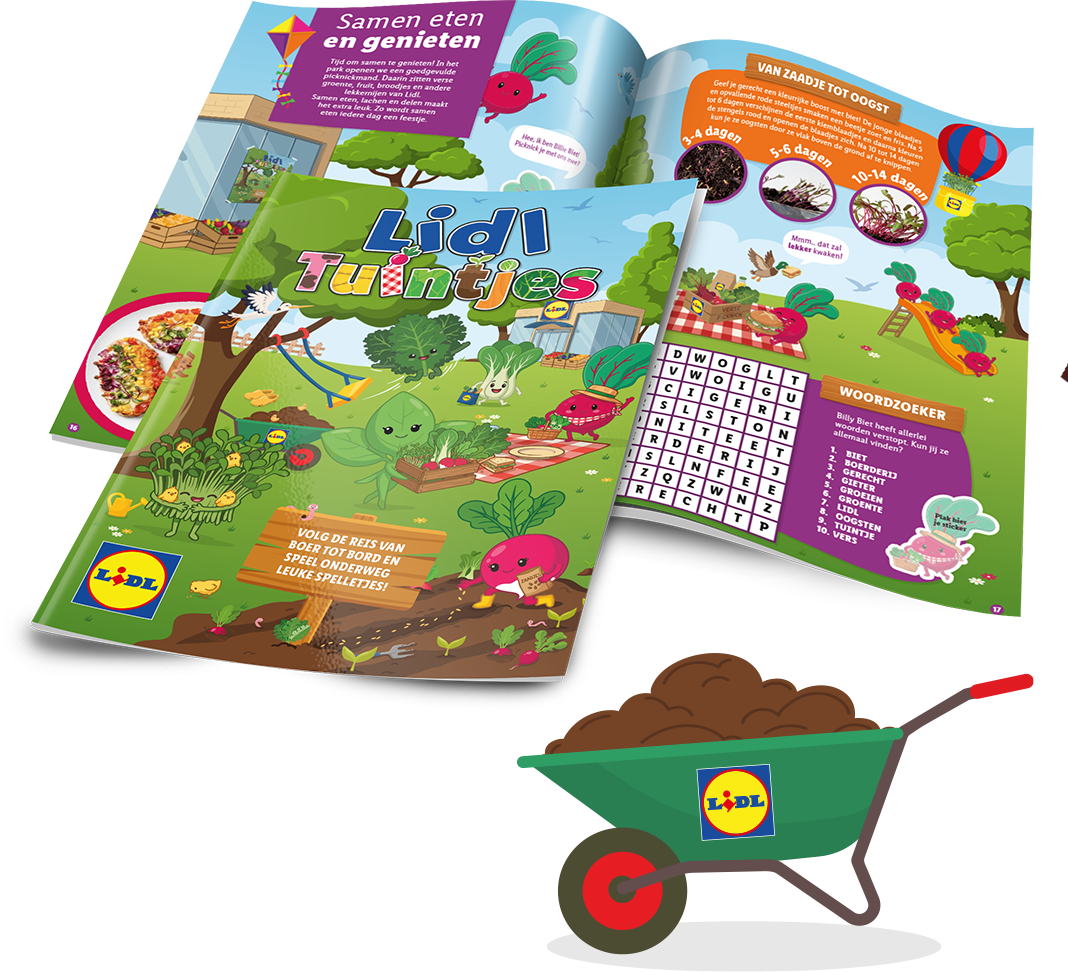 Een kinderboekje over tuinieren en eten, met spelletjes en een woordzoeker, naast een kruiwagen met aarde.