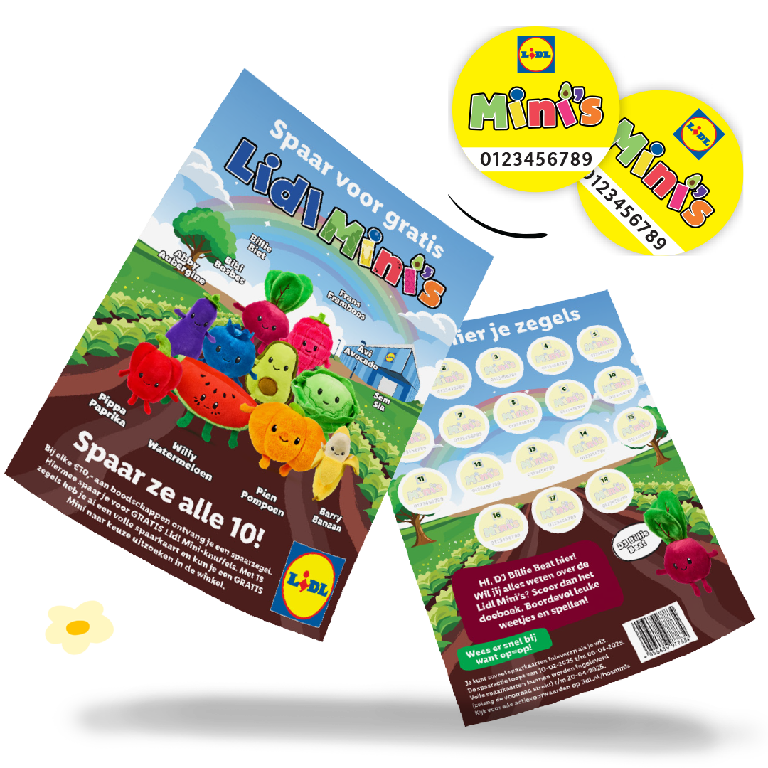 Spaaractie voor knuffels van groenten en fruit, met spaarkaart en stickers.