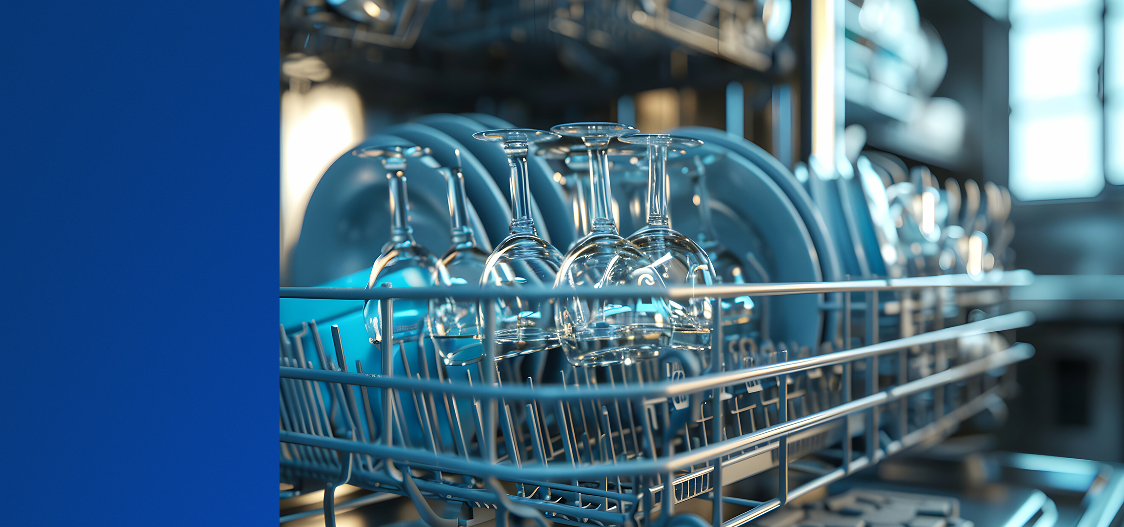 Schone glazen en borden in een vaatwasser.