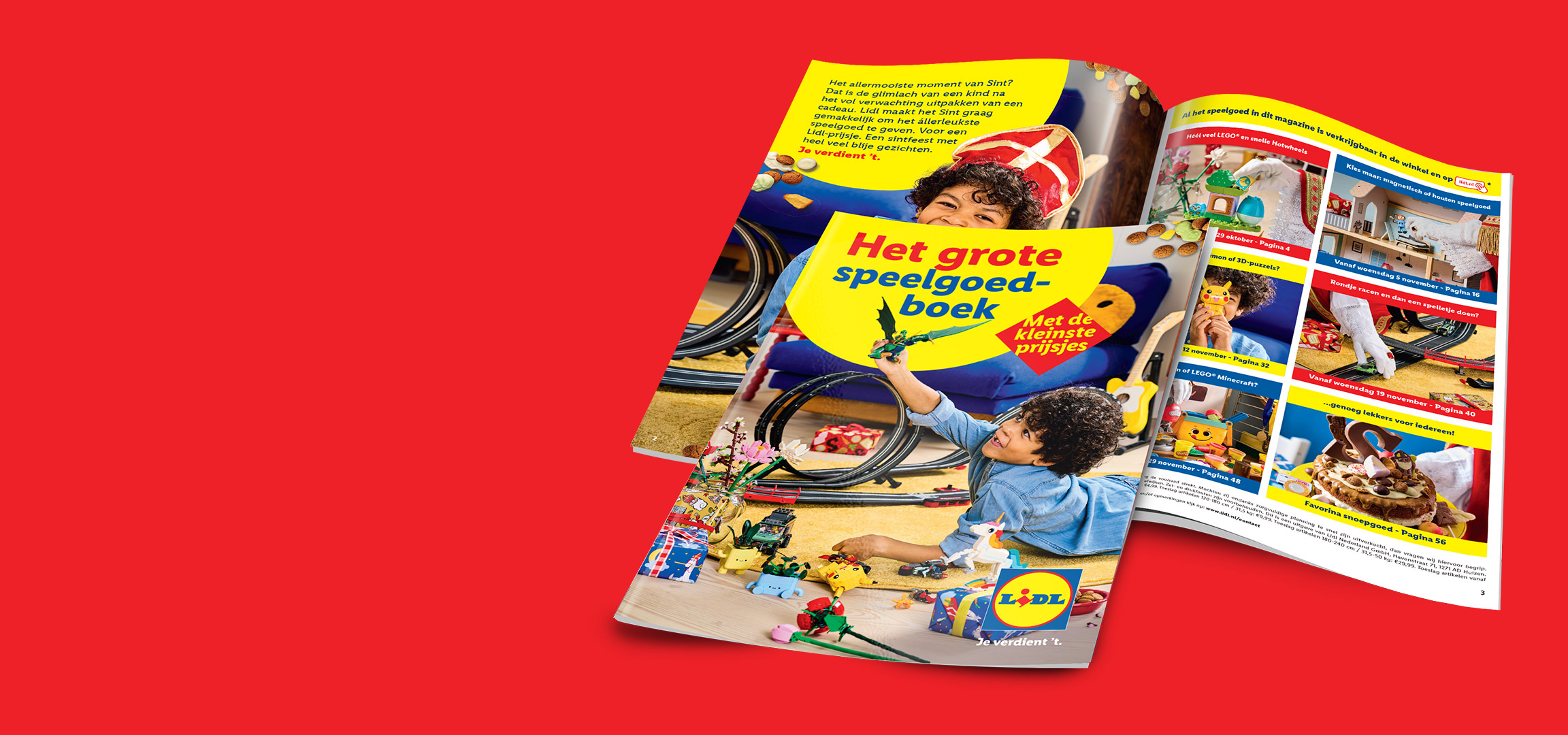 Lidl speelgoedboek met kinderen, speelgoed zoals een helikopter, eenhoorn en gereedschap, en pepernoten.