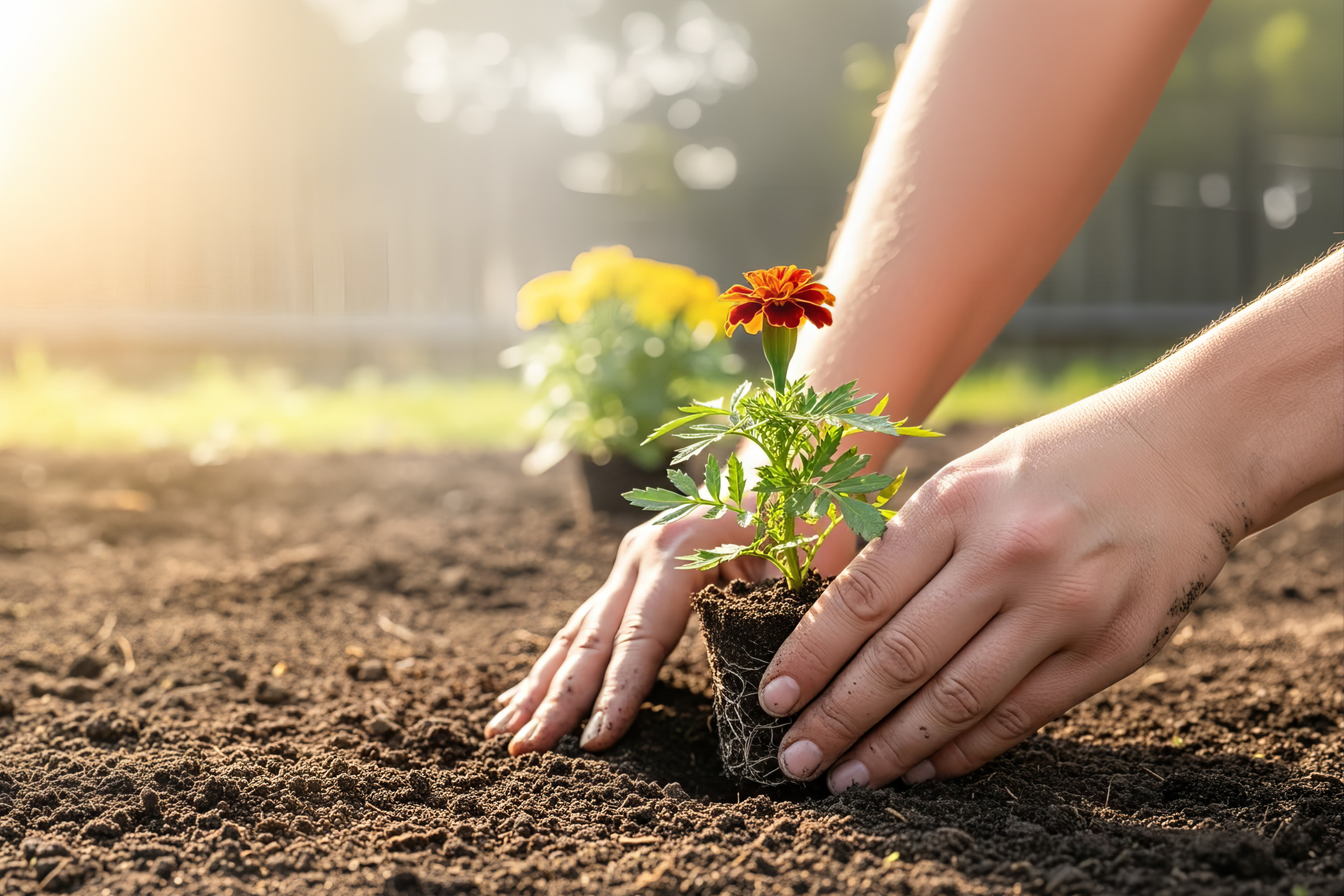 Handen planten een bloem in de aarde, met zonlicht op de achtergrond.