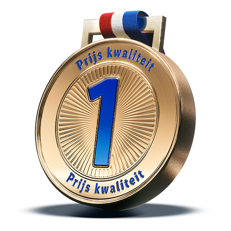 Gouden medaille met het nummer 1 en de tekst 'Prijs kwaliteit' in het blauw.