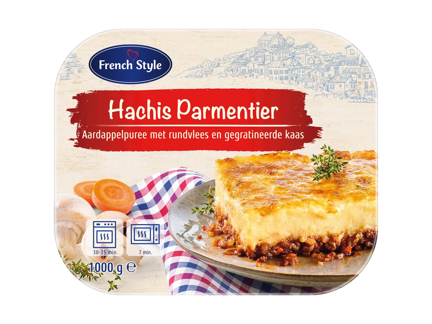 Verpakking van Hachis Parmentier met aardappelpuree, rundvlees en gegratineerde kaas, met bereidingsinstructies.