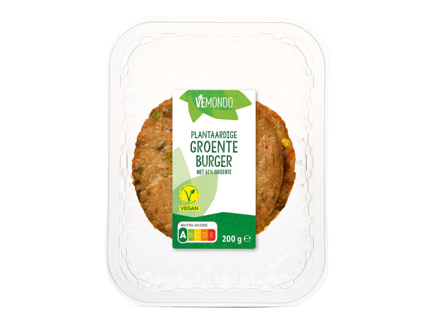 Twee plantaardige groenteburgers in een plastic verpakking, met een Nutri-Score A en het vegan keurmerk.