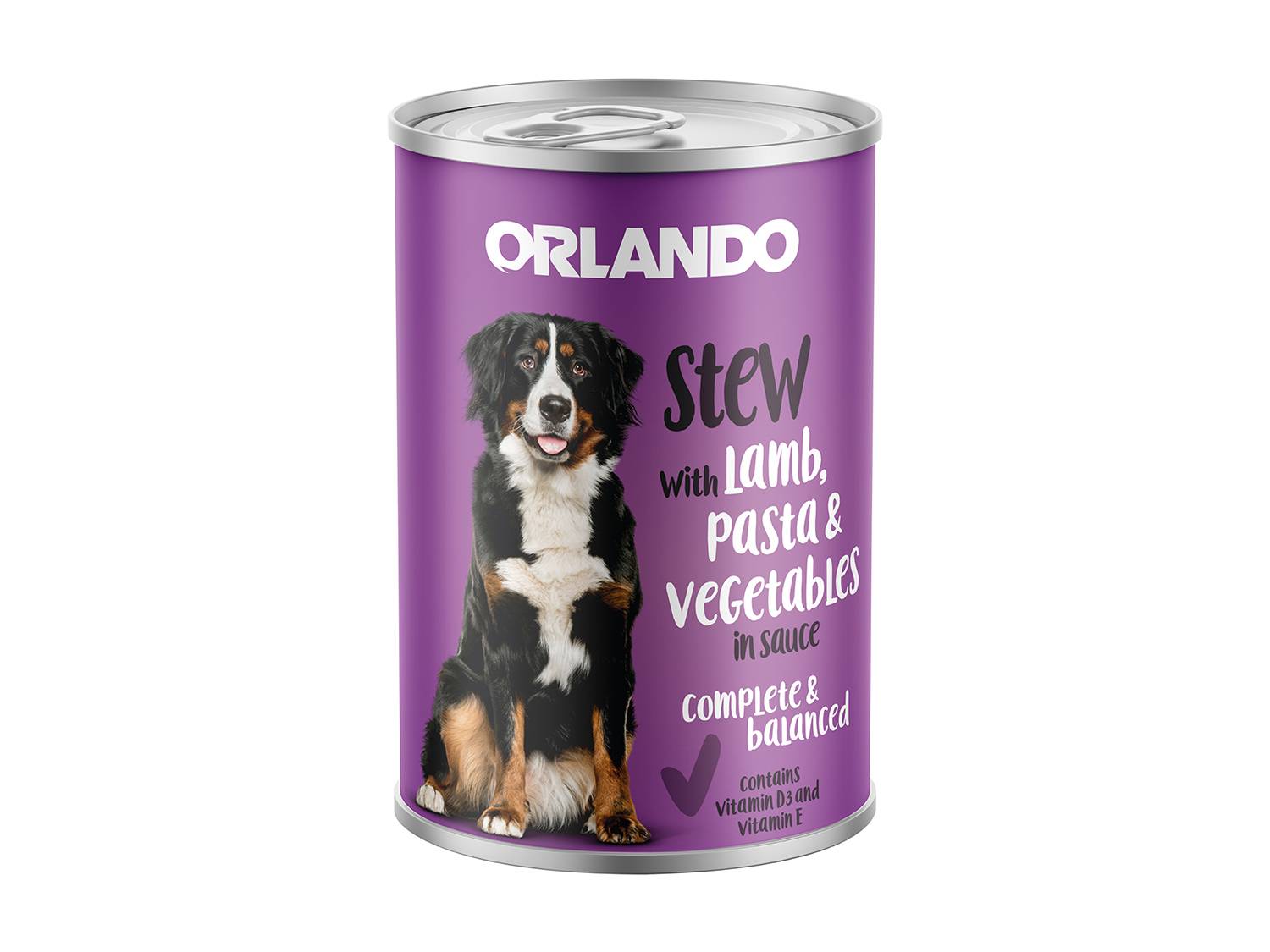 Hondenvoer in blik met lam, pasta en groenten, compleet en uitgebalanceerd.