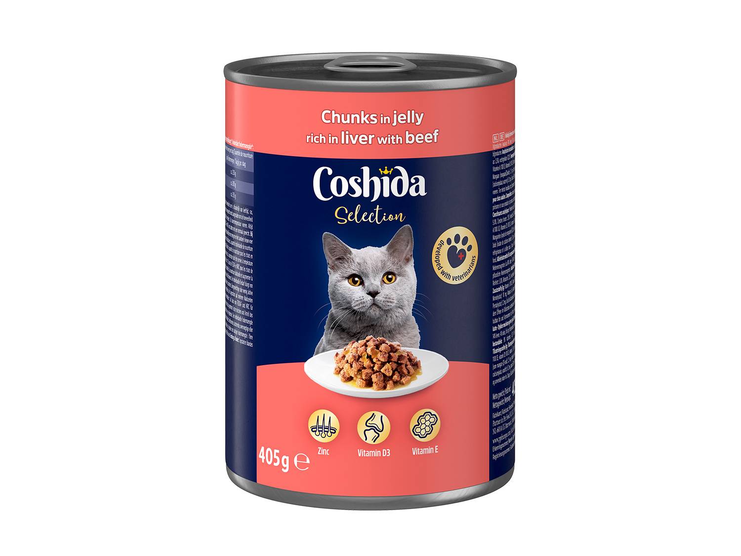 Blik kattenvoer met stukjes lever en rundvlees in gelei, verrijkt met zink en vitamines.