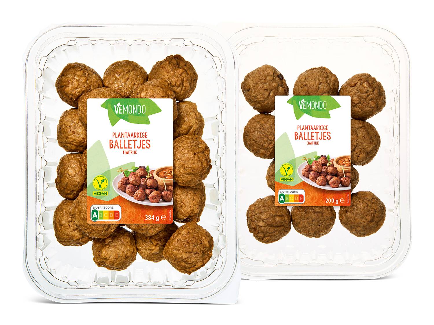 Twee verpakkingen Vemondo plantaardige balletjes, rijk aan eiwitten, met Nutri-Score A.