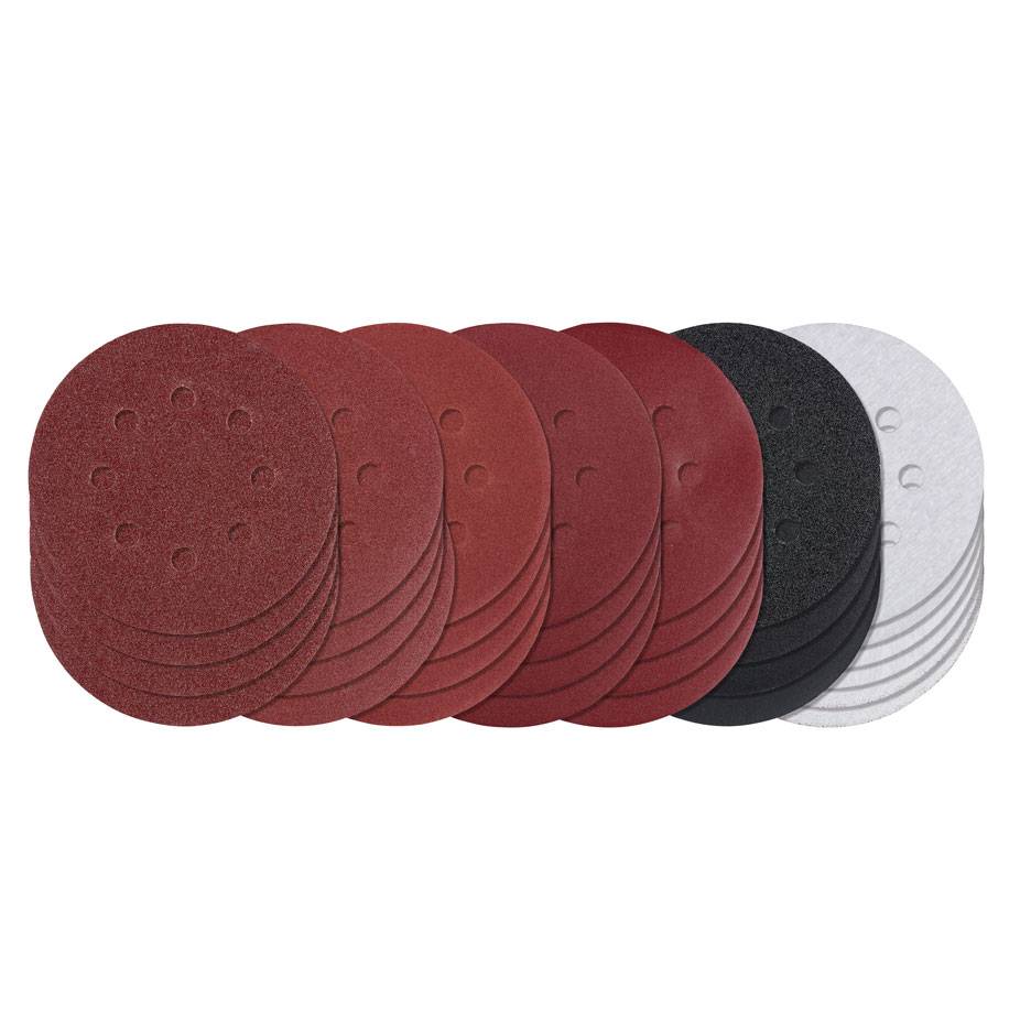 Assortiment ronde schuurschijven in diverse korrels en kleuren, waaronder rood, zwart en wit.