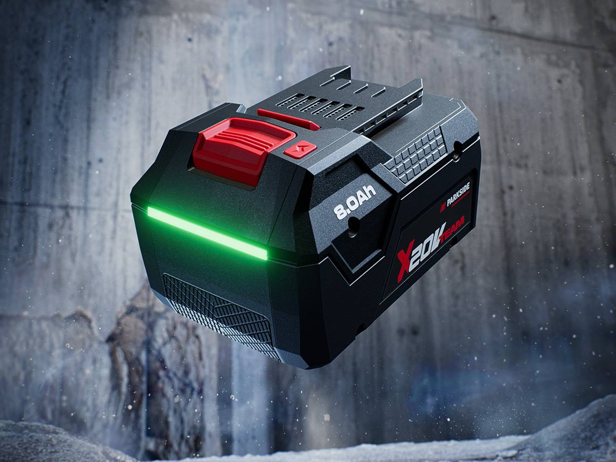 Parkside X 20V Team 8.0Ah accu met een felgroene laadindicator.