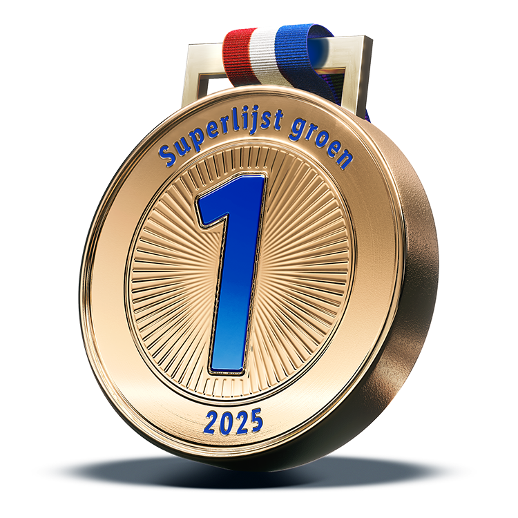Gouden medaille met 'Superlijst groen', '1' en '2025' in blauw, aan een rood-wit-blauw lint.