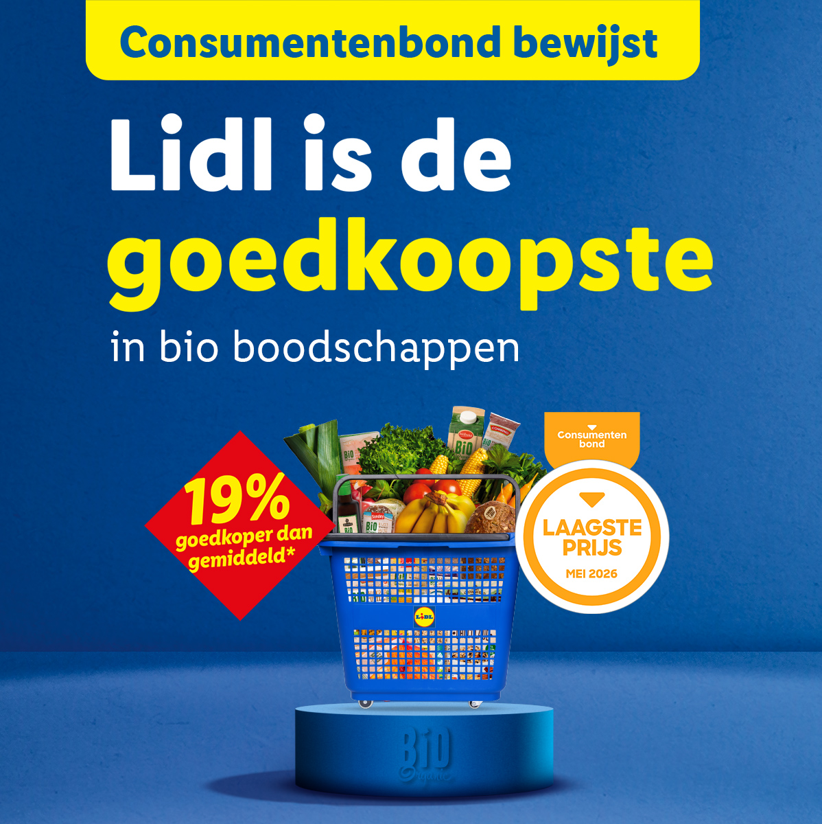 Lidl is de goedkoopste in biologische boodschappen, 19% goedkoper dan gemiddeld, met een winkelwagentje vol verse producten.