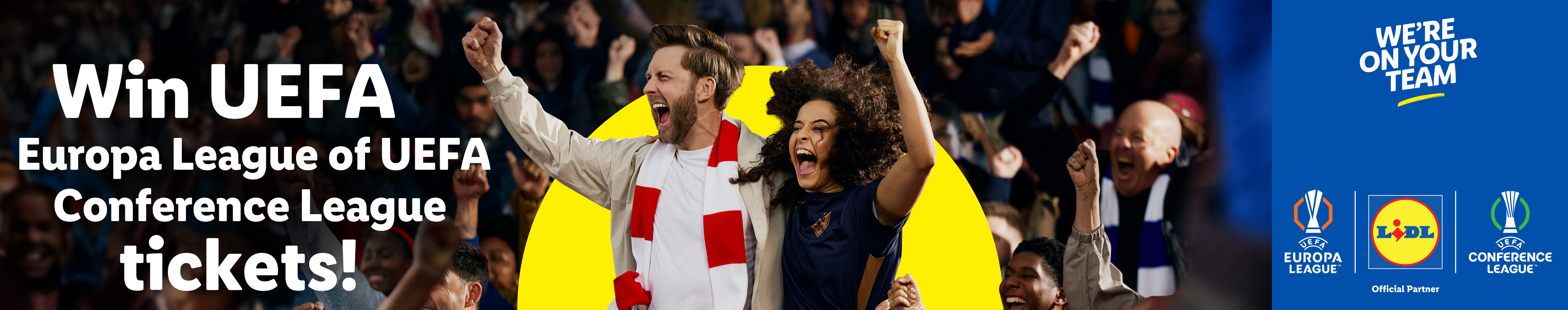 Voetbalfans juichen op een stadion met Lidl, UEFA Europa League en Conference League logo's.