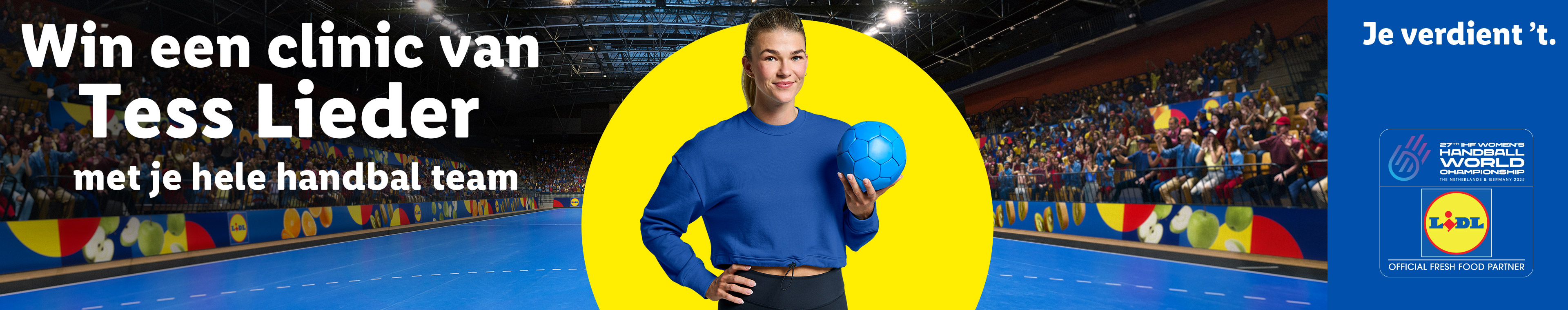 Vrouw met handbal in een stadion, promoot het WK handbal 2025 en Lidl als partner.