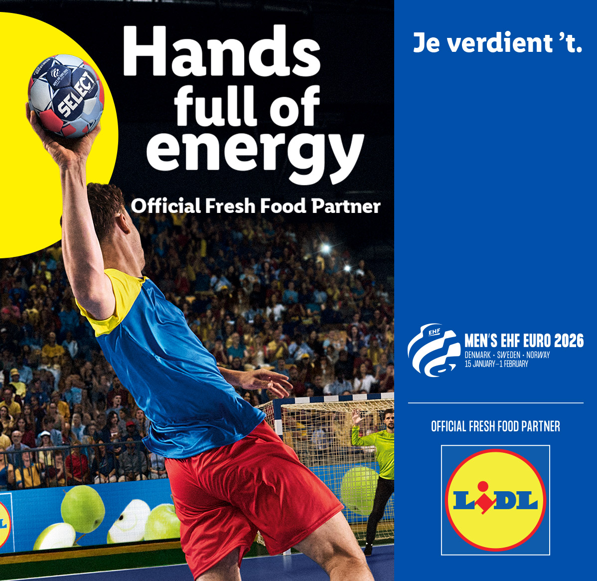 Handballer met bal, tekst 'Hands full of energy', Lidl logo en 'Men's EHF Euro 2026' branding.