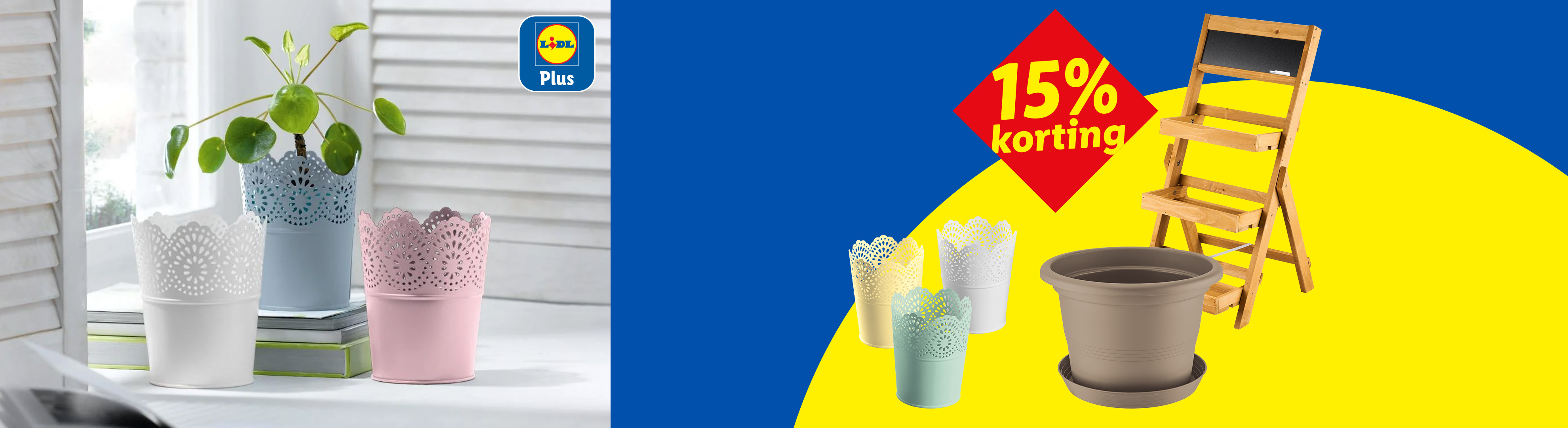 Decoratieve plantenpotten en een houten plantenrek met 15% korting.