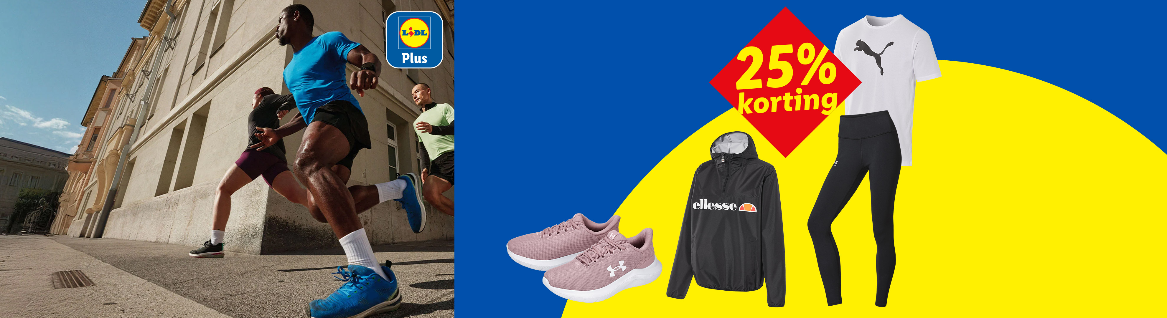 Hardlopers op straat, met sportkleding en schoenen met 25% korting.