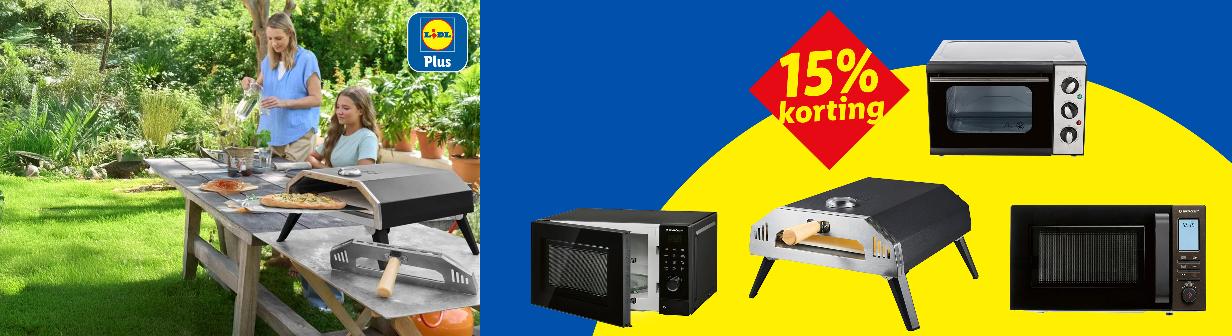 Vrouwen bakken pizza buiten, met 15% korting op ovens en magnetrons.