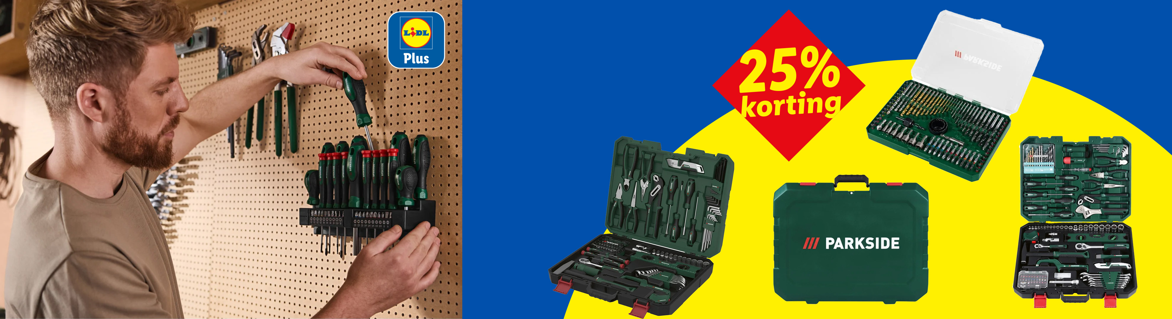Man pakt schroevendraaier van gereedschapswand, met 25% korting op gereedschapsets.