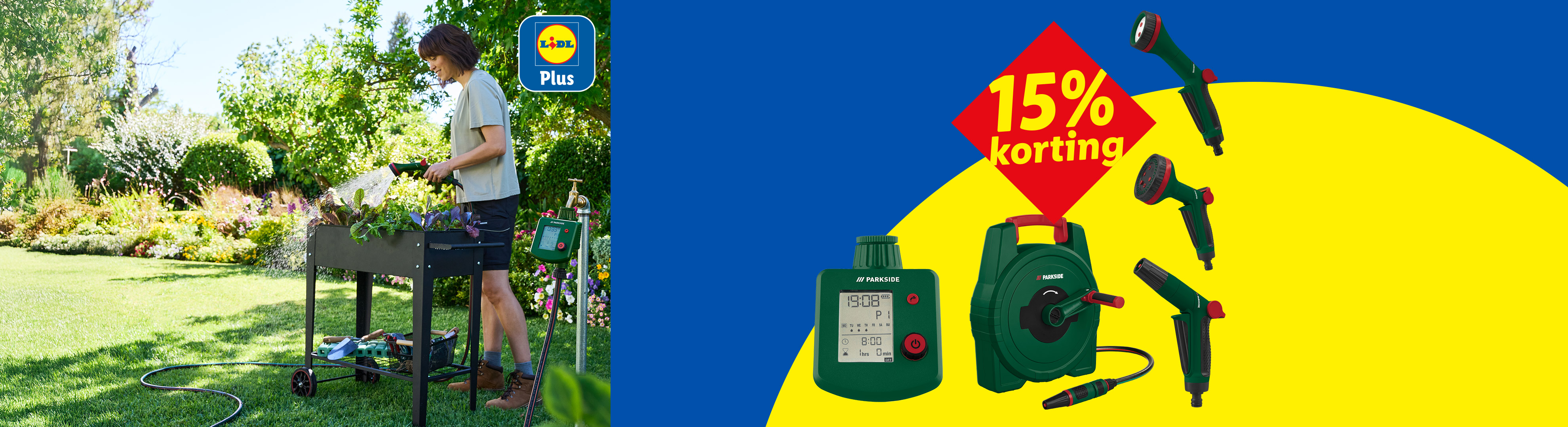 Vrouw besproeit planten in een verhoogde moestuin, met 15% korting op tuingereedschap en een Lidl Plus-logo.