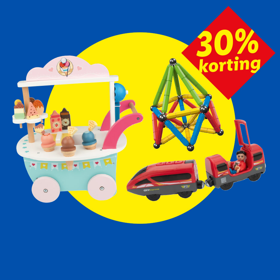 Houten ijscowagen, magnetisch bouwspeelgoed en rode speelgoedtrein met 30% korting.