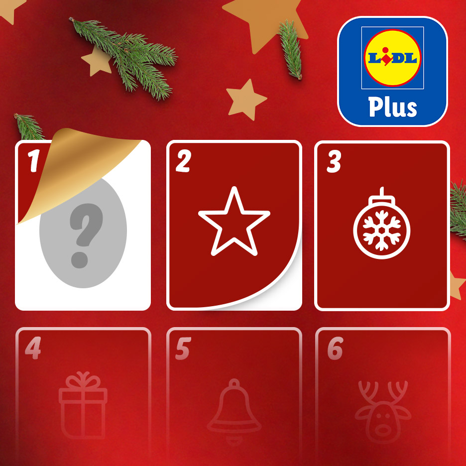 Lidl Plus kerstkalender met drie rode vakjes, waarvan één met een vraagteken en twee met kerstsymbolen.