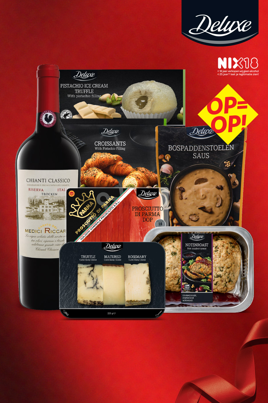 Een assortiment Deluxe producten, waaronder Chianti Classico wijn, Prosciutto di Parma, notenbraadstuk en diverse kazen.