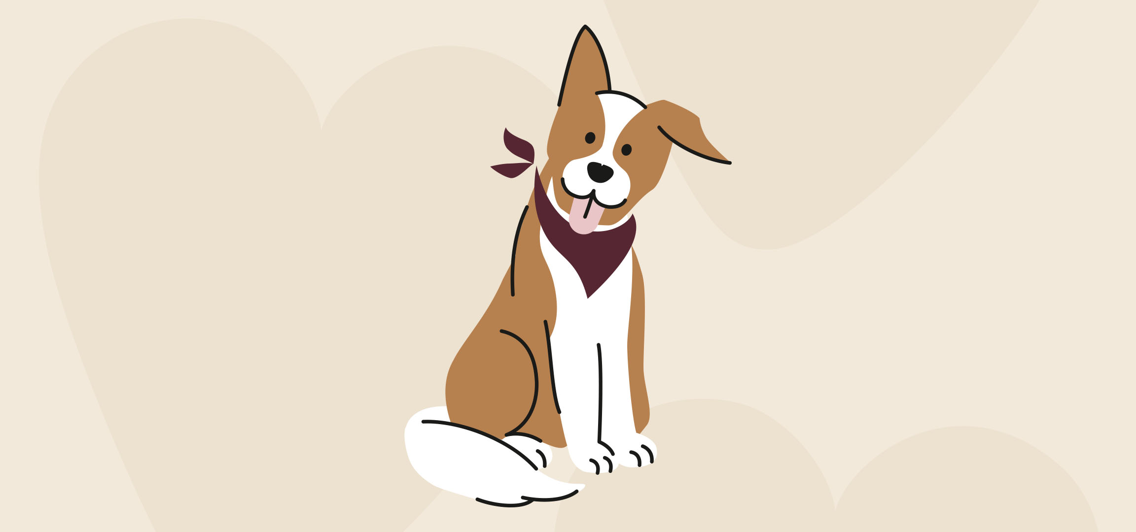 Blauwe cartoonhond met rode bandana zit op een lichtbeige achtergrond.