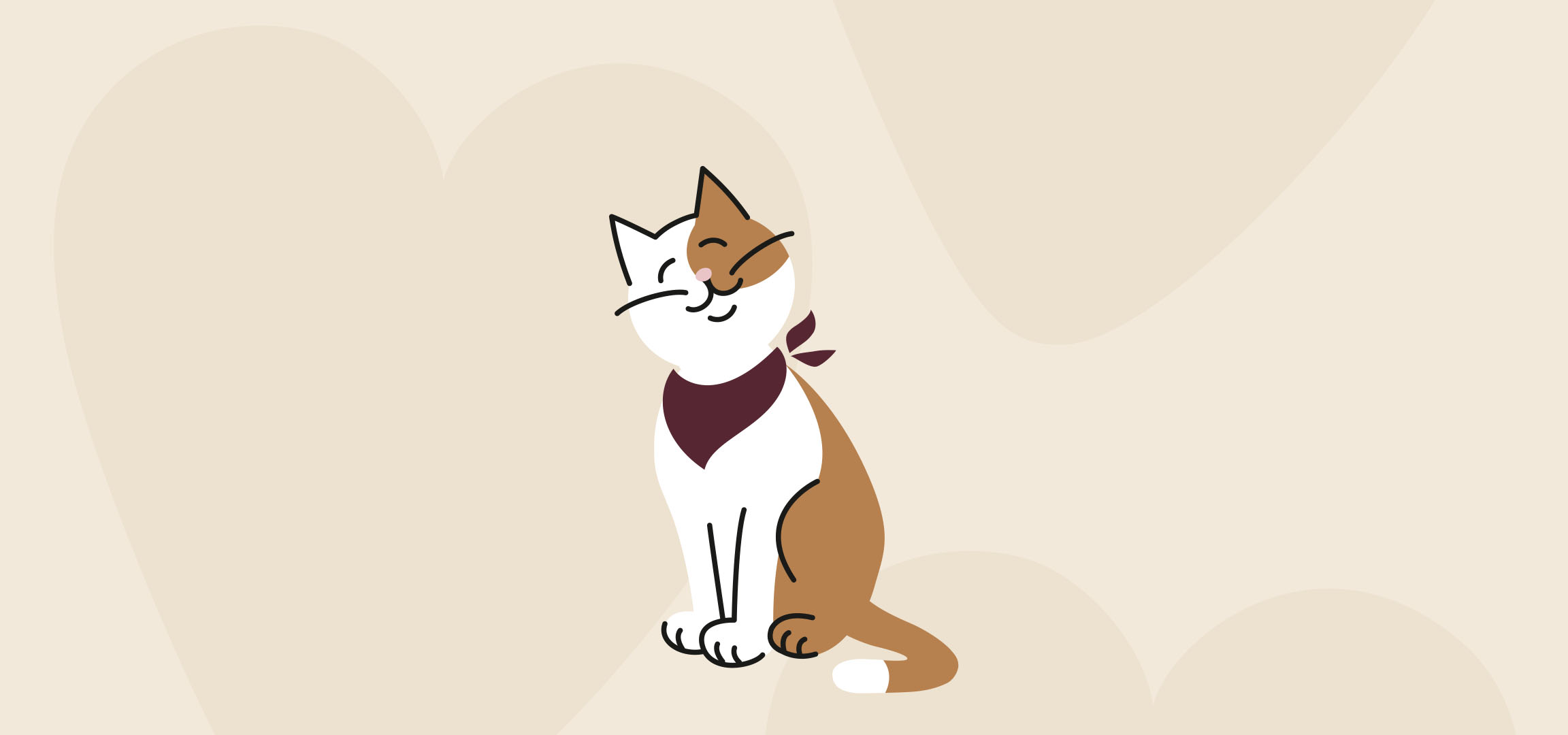 Een lachende kat met een bordeauxrode bandana op een beige achtergrond met abstracte vormen.