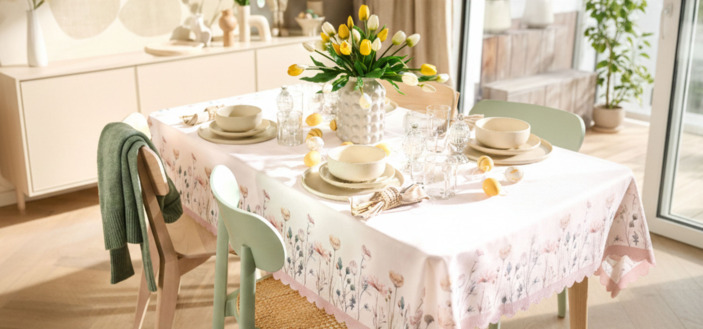 Paasgedekte tafel met gele en witte tulpen, elegant servies en decoratieve eieren.